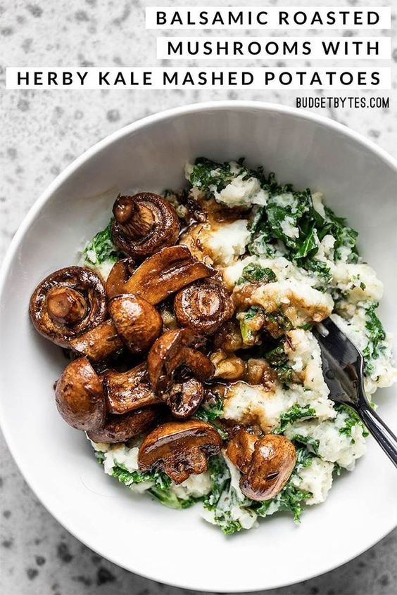 These Balsamic Roasted Mushrooms with Herby Kale Mashed Potatoes are a vegetarian meal that will please any