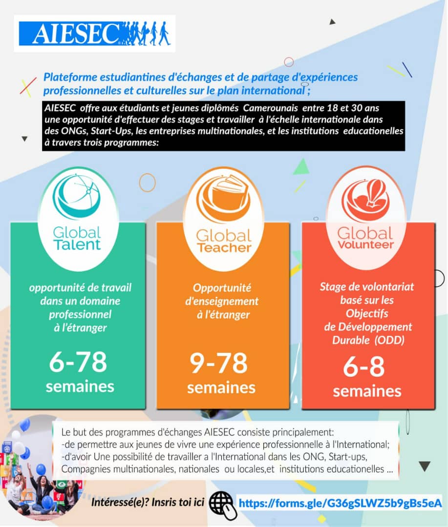 La Plateforme estudiantines AIESEC offre des Stages aux étudiants dans des ONGs, Start-Ups, les entreprises multinationale