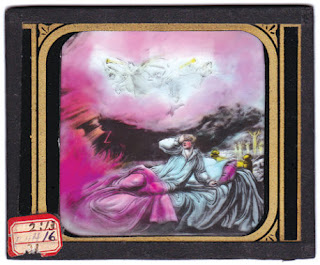 Hand-painted Victorian lantern slide depicting a man in bed having a vision of angels.