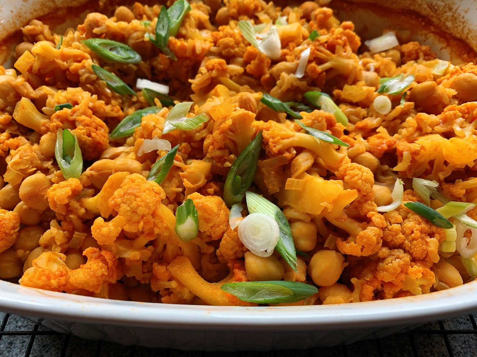 Husband Tested Recipes From Alice's Kitchen Buffalo Cauliflower & Chickpea “Dump & Bake