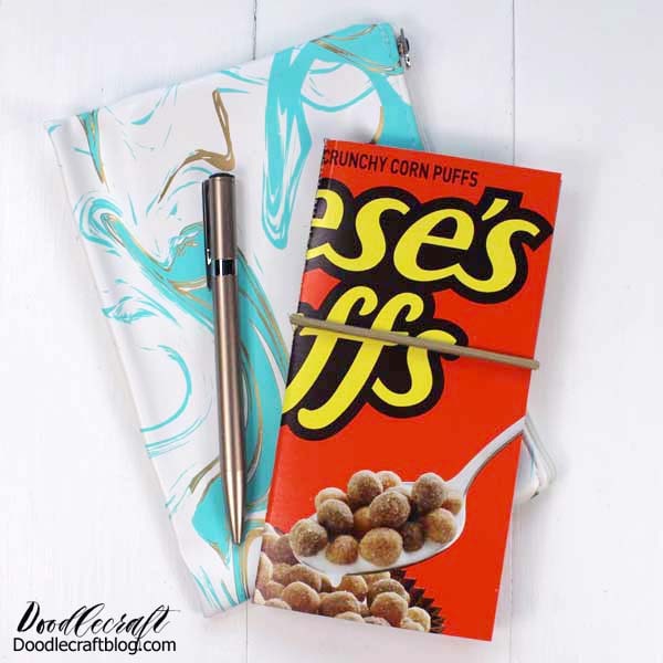 Cereal Box Pocket Notebook  Use an old cereal box and a sewing machine to make a little pocket notebook. This would make a great stocking stuffer too!