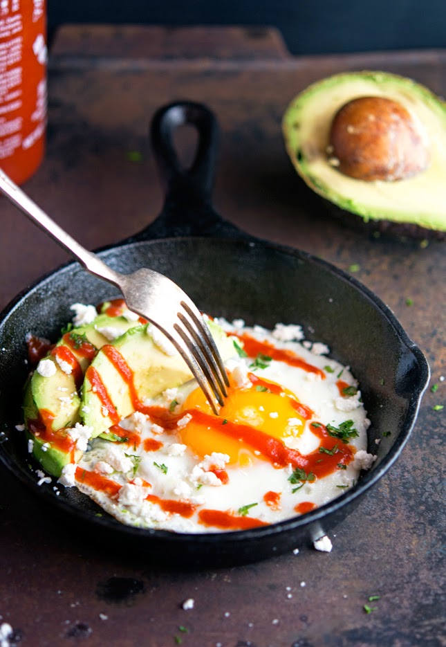 Sunny-Side Up Egg with Avocado, Sriracha and Crumbled Feta