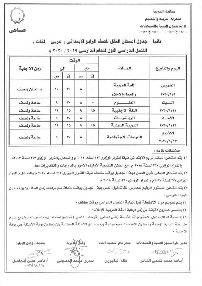 جداول امتحانات الترم الأول 2020 لجميع المحافظات.. ابتدائي - اعدادي - ثانوي 4