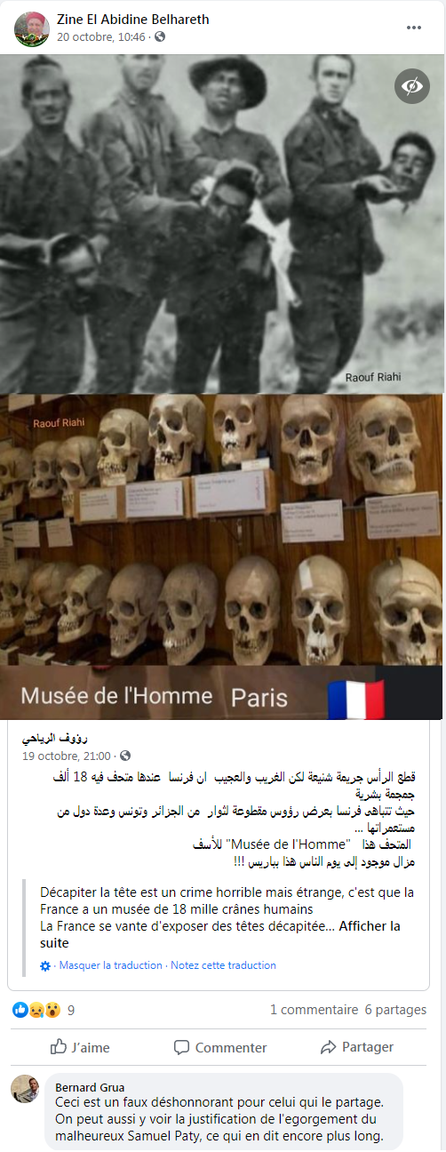 Il s’agit d’un fake mixant histoire et manipulation. Selon Al Arabia, la première photo montre bien des soldats français pendant la guerre d’Algérie. Mais il n’a jamais été écrit que les crânes furent conservés au Musée de l’homme.