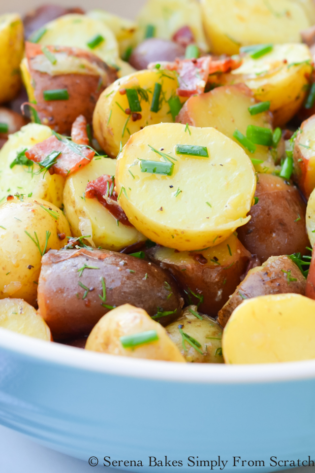 Warm Potato Salad With Tangy Bacon Herb Vinaigrette Serena Bakes