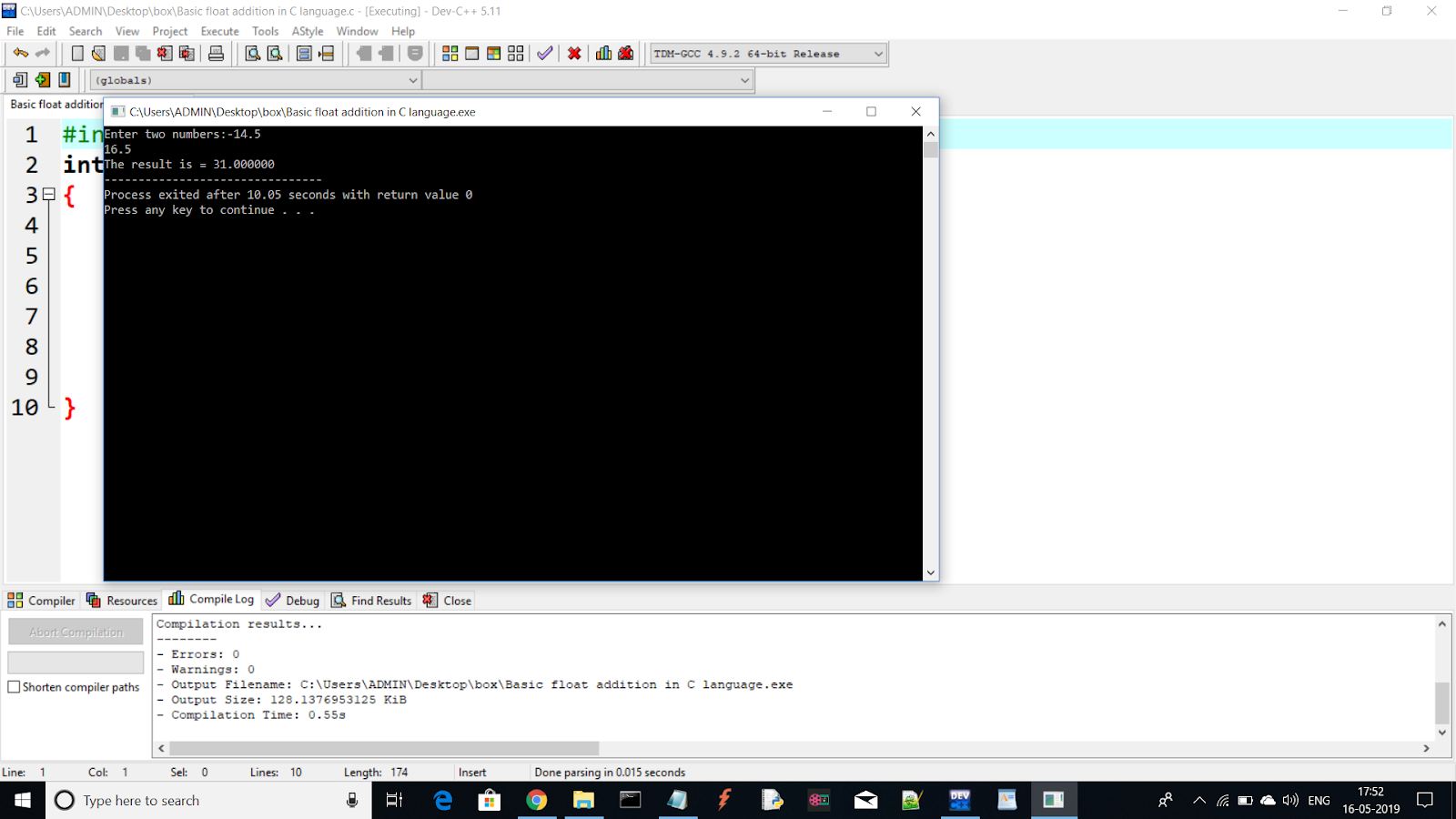 Basic float addition in C language