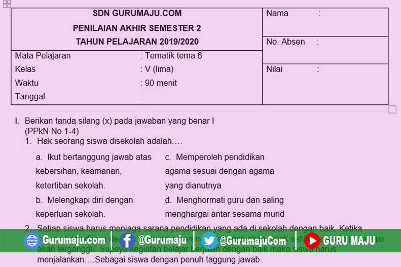 Soal Matematika Kelas 6 2022 Dan Kunci Jawaban | Bank Soal