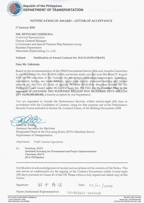 Notice of Award - Mitsubishi Shipbuilding Co., Ltd., Kunigami-class MRRV, Philippine Coast Guard