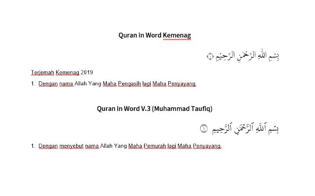 Perbedaan Quran Kemenag in Word dengan Quran in Word Versi 3.0