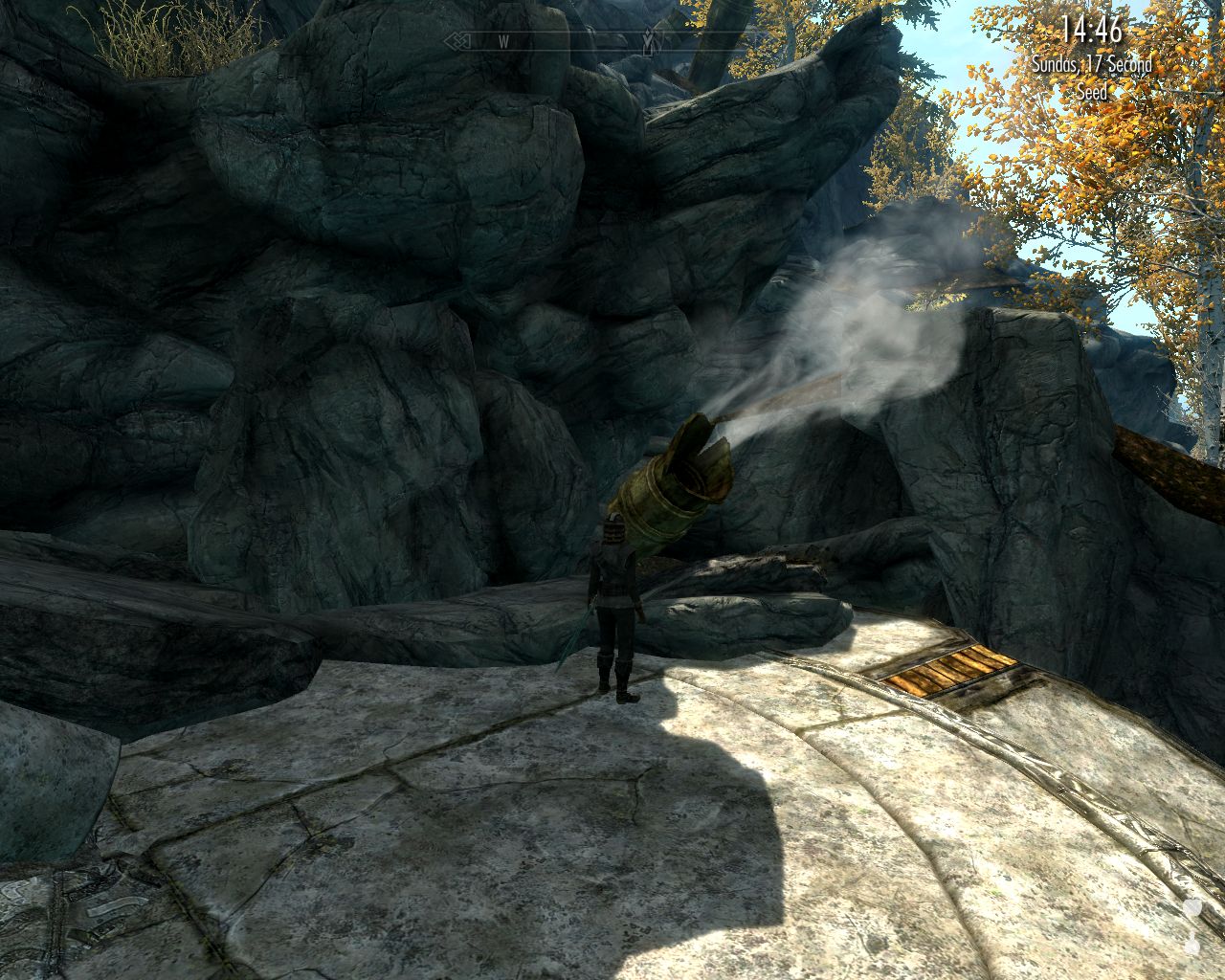 Laura stands on a wooden platform in front of a broken pipe that emits steam