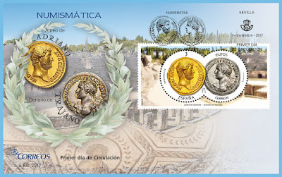 Filatelia - Numismática. Áureo de Adriano y Denario de Trajano - 2017 - Sobre Primer día de circulación Filatelia - Numismática. Áureo de Adriano y Denario de Trajano - 2017 - Sobre Primer día de circulación