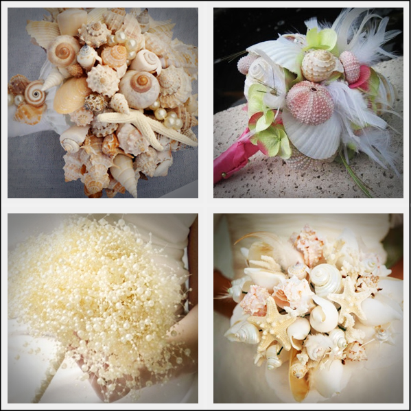 Bouquets com pérolas e conchas marinhas