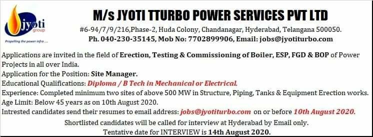 Diploma B Tech Jobs Vacancy Jyoti Tturbo Power Services Pvt Ltd In Hyderabad Telangana Iti And Diploma Jobs