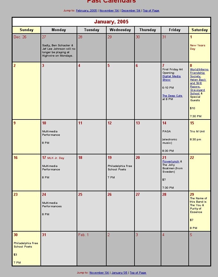 As/Is: Highwire Gallery: Calendars: January/April 2005