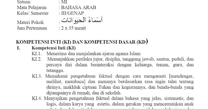 RPP Bahasa Arab Kls 3 MI Materi Namanama Binatang