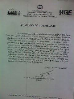 comunicado do Gerente do HGE de Alagoas