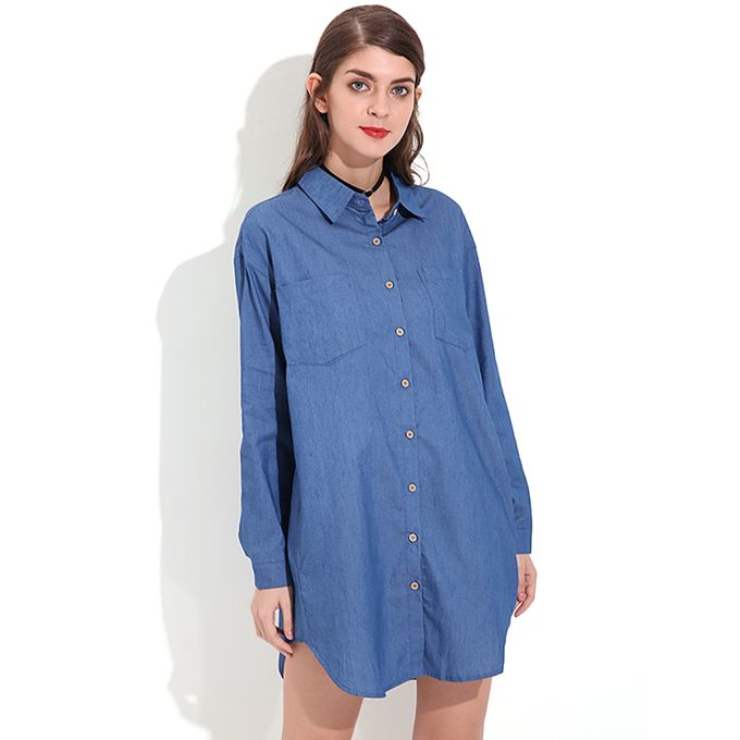 Denim Blue Long Sleeves Denim Shirt Dress by Zanzea - Fashion Products ...