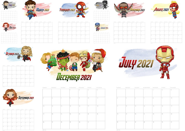 Avengers: Free Printable 2021 Calendar.
