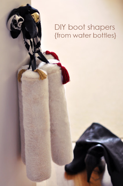 diy boot stuffers from water bottles, faux fur and tassels