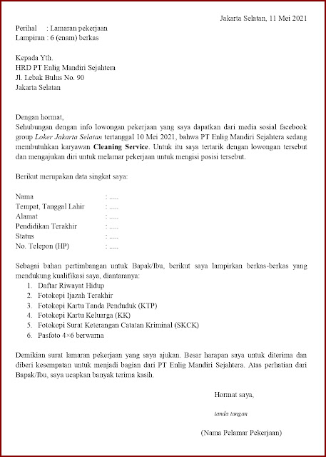 Contoh Surat Lamaran Kerja Untuk Cleaning Service (Fresh Graduate) Berdasarkan Informasi Dari Media Sosial Contoh Application Letter Untuk Cleaning Service (Fresh Graduate) Berdasarkan Informasi Dari Media Sosial