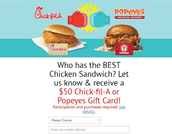 Get a $50 Popeyes or Chick-Fil-A Gift Card!