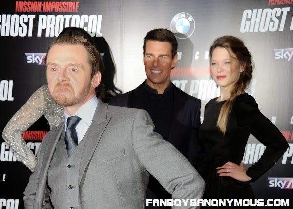 Star Trek's Scotty Simon Pegg photobombs Tom Cruise at a Mission Impossible movie promo event