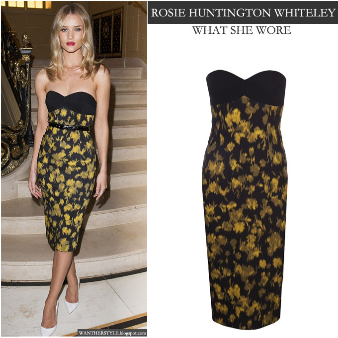 WHAT SHE WORE Rosie Huntington Whiteley in strapless leaf print black