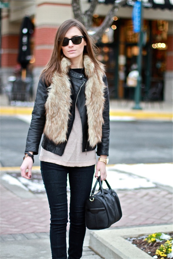Classy and fabulous: Leather Jacket + Faux Fur Vest