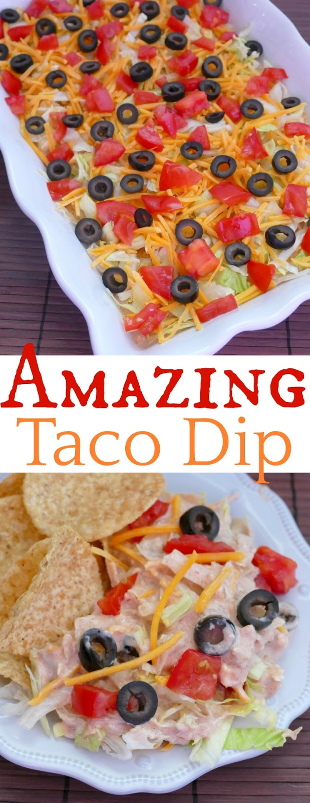 This easy meatless Mexican taco dip is layered with a creamy salsa mixture, lettuce, cheese, tomatoes and black olives is absolutely amazing and is great for any game day party, potluck, taco night or picnic! Serve with tortilla chips!