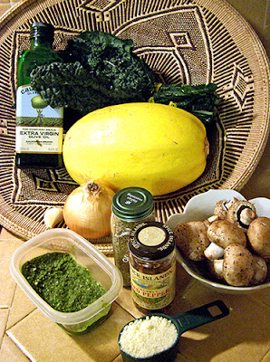 Kale, Olive Oil, Onion, Pesto, Parmesan, Garlic, Crushed Red Pepper, Italian Herbs, and Spaghetti Squash in Basket