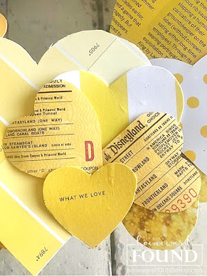 art,wall art,DIY,diy decorating,paper crafts,paper,vintage paper,Valentine's Day,re-purposing,up-cycling,trash to treasure,wreaths,winter,color,color palettes,colorful home,Pantone color of the year,Illuminating Yellow,Ultimate Gray,Pantone 2021,yellow and gray,hearts, heart decor,decorating with hearts,Valentine's Day decor,Valentine hearts,heart wreath,paper hearts, Disney decor, Disneyland tickets