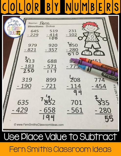 Teaching How to Use Place Value to Subtract Including Lesson Plans, Centers, Task Cards, Color By Numbers & More Resources. #FernSmithsClassroomIdeas