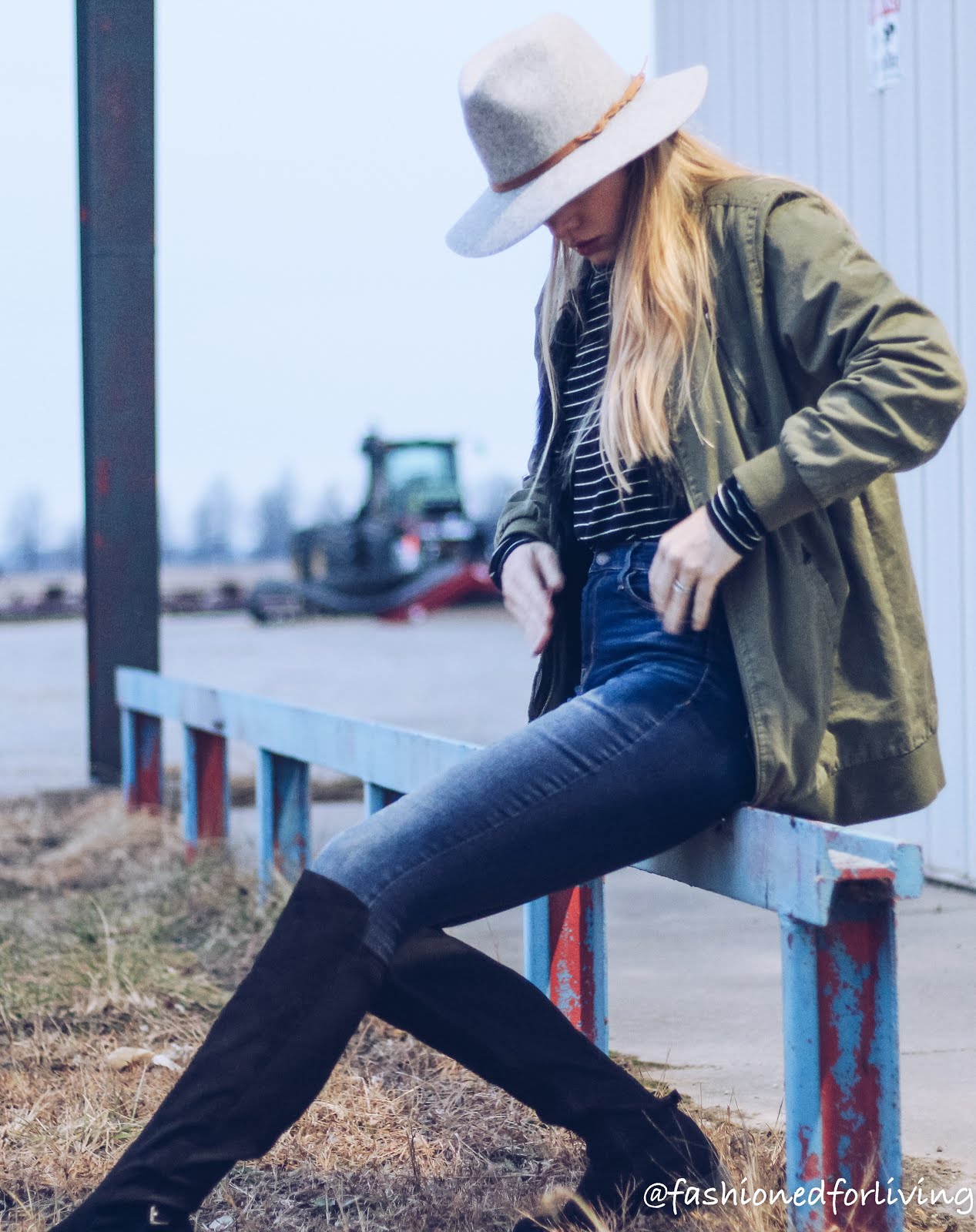 Fashioned For Living: long bomber jacket outfit with striped turtleneck ...