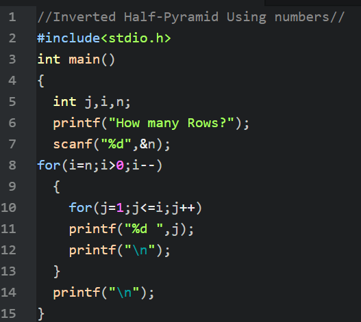 c program to print pyramid pattern of numbers