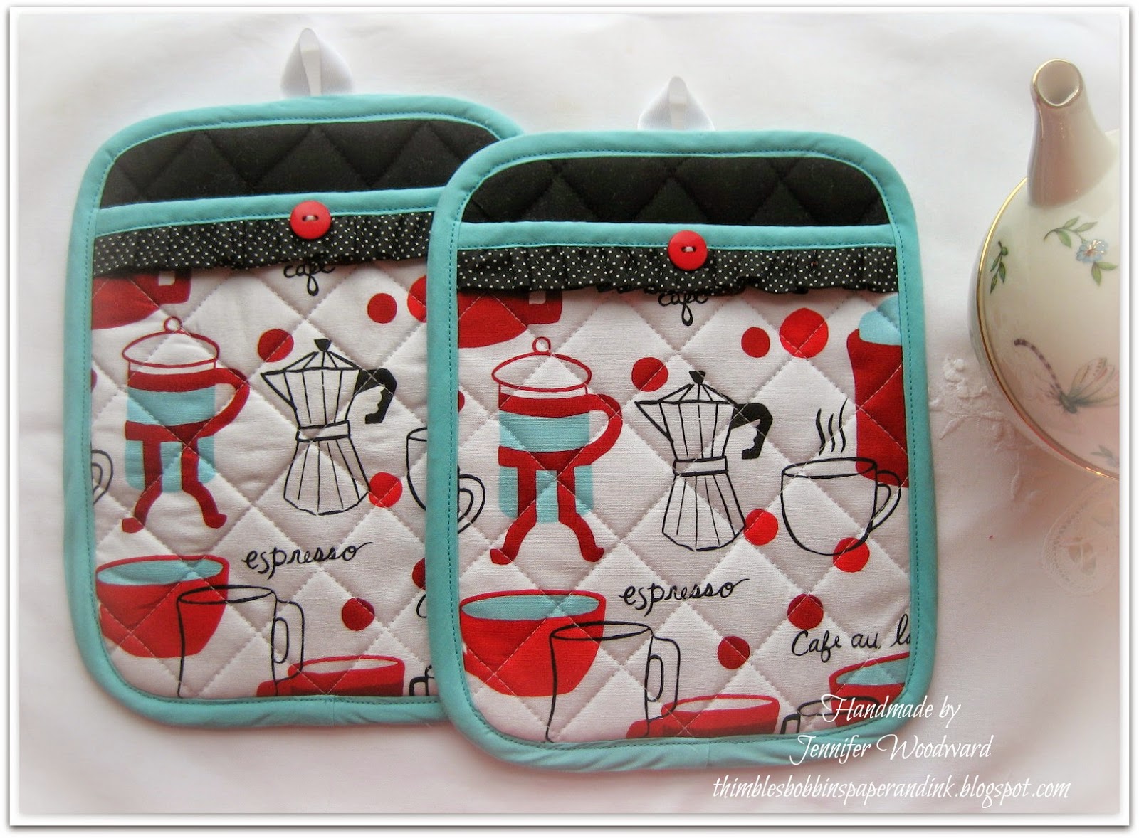 Thimbles, Bobbins, Paper and Ink Cafe au lait kitchen linens and apparel