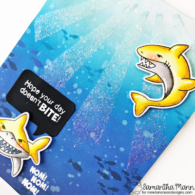 Hope Your Day Doesn't Bite Card by Samantha Mann for Newton's Nook Designs, Shark, Sunscape Stencil, Heat Embossing, Die Cuts, Distress Inks, Ink Blending, #newtonsnook #newtonsnookdesigns #distressinks #distressoxide #birthday #shark