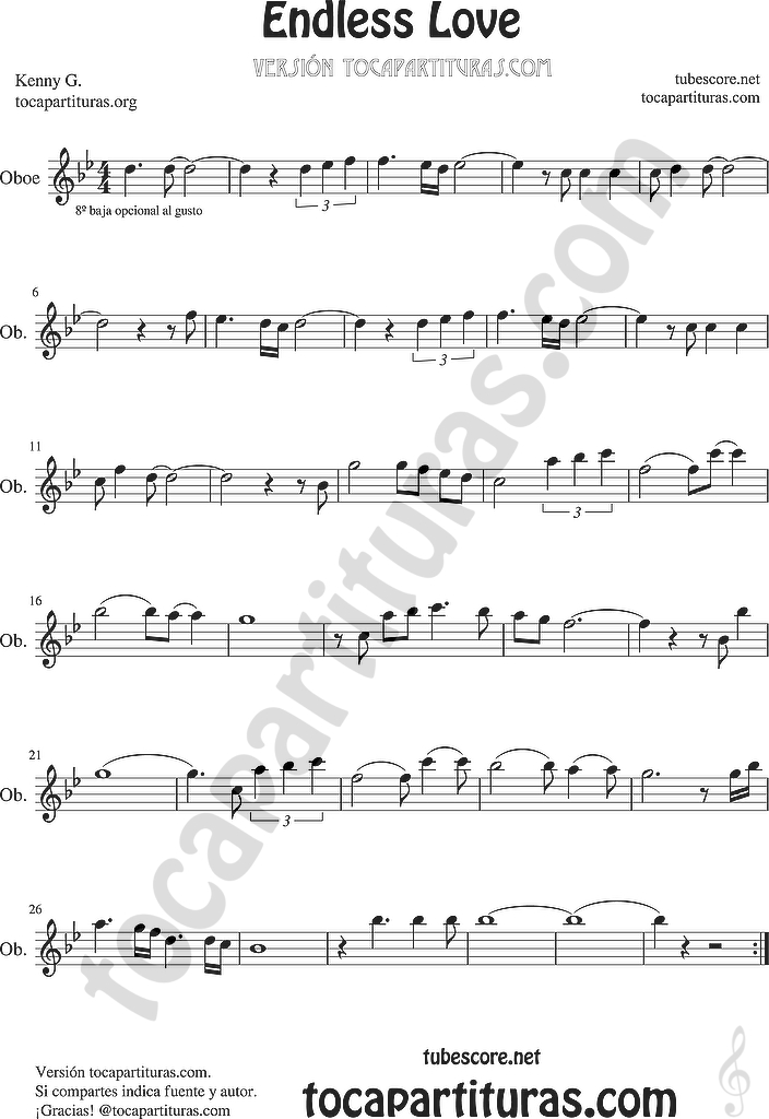 tubescore Endless Love Sheet Music for Flute, Violin, Alto Sax