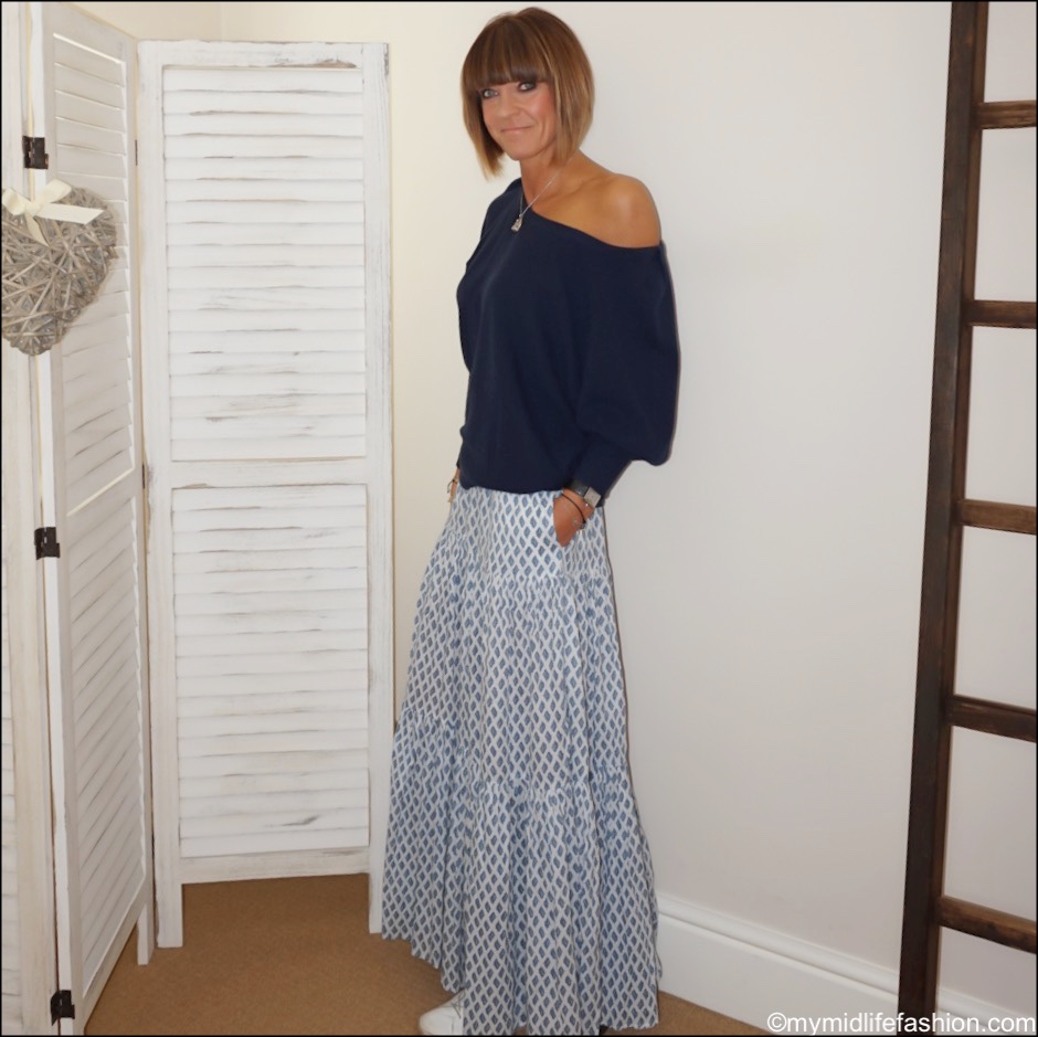 my midlife fashion, Zara printed tiered maxi skirt, iris and ink cashmere off the shoulder jumper, golden goose superstar low top leather trainers