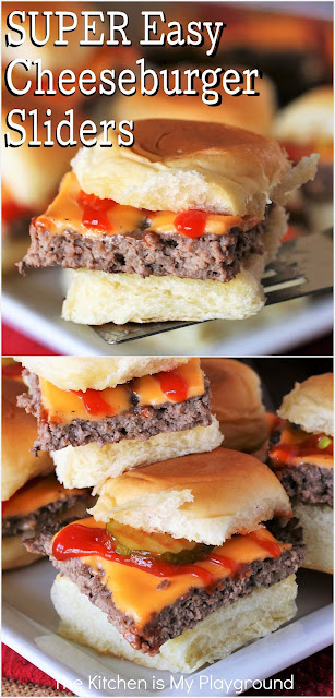 Easy Cheeseburger Sliders ~ Serve these sliders as an easy dinner, or as the perfect party & game day snack. Baked in a 9x13 pan, topped, & cut with a pizza cutter to create individual burgers, these tasty little sliders are almost effortless! And ALWAYS a hit.  www.thekitchenismyplayground.com