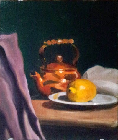 Oil painting of a copper kettle beside a lemon on a plate on a table top with a purple cloth draped diagonally in the foreground.
