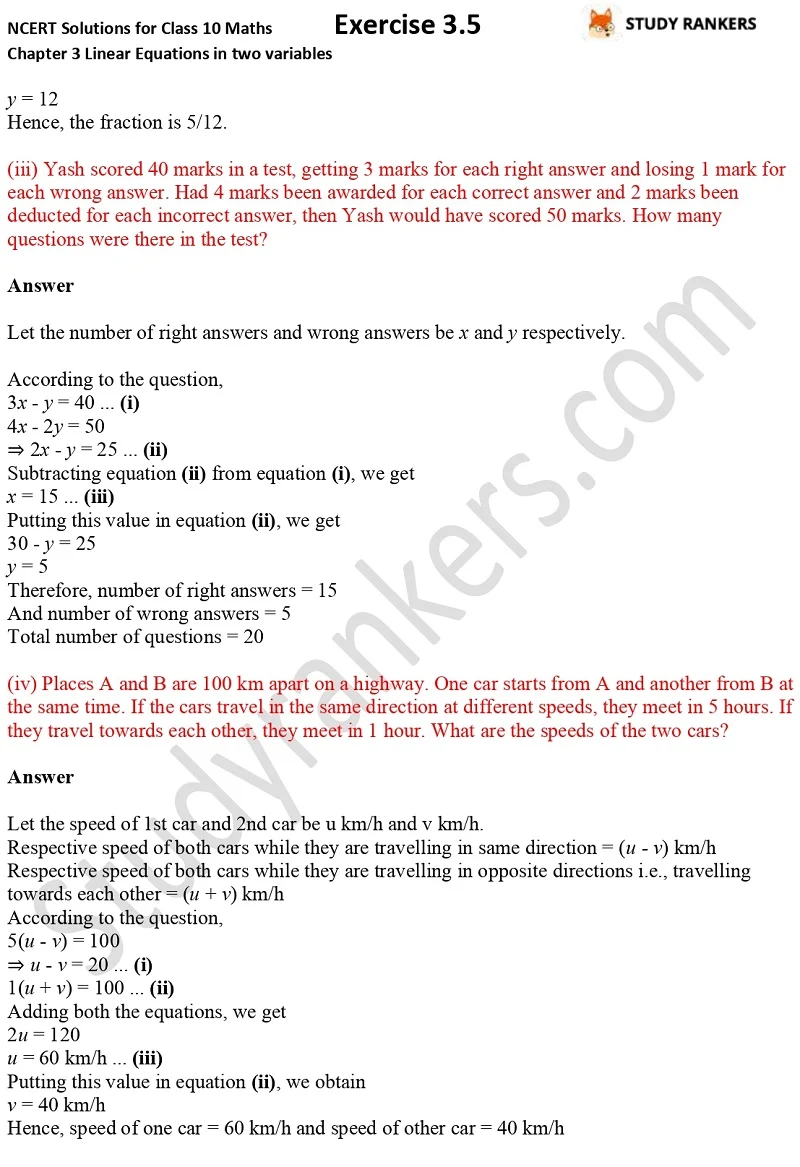 NCERT Solutions for Class 10 Maths Chapter 3 Pair of Linear Equations in Two Variables Exercise 3.5 Part 5