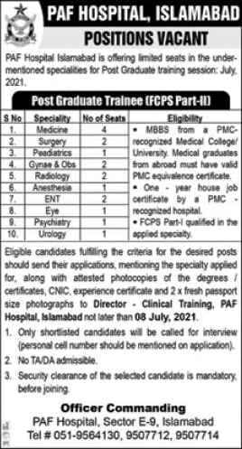 Pakistan Air Force PAF Hospital Islamabad FCPS Postgraduate Training Jobs 2021 in Pakistan