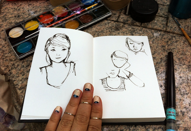 girl sketches nail art upper finger rings pentel brush pen