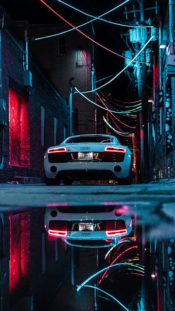 City Night, Audi R8, Sports Car, White, Neon