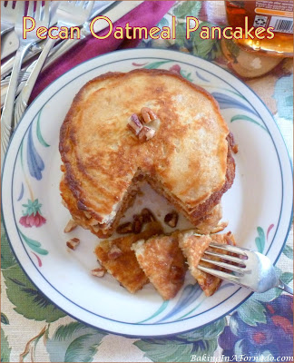 Pecan Oatmeal Pancakes, a favorite breakfast made with the addition of oatmeal in the batter, and crunchy pecans. | recipe developed by www.BakingInATornado.com | #recipe #breakfast