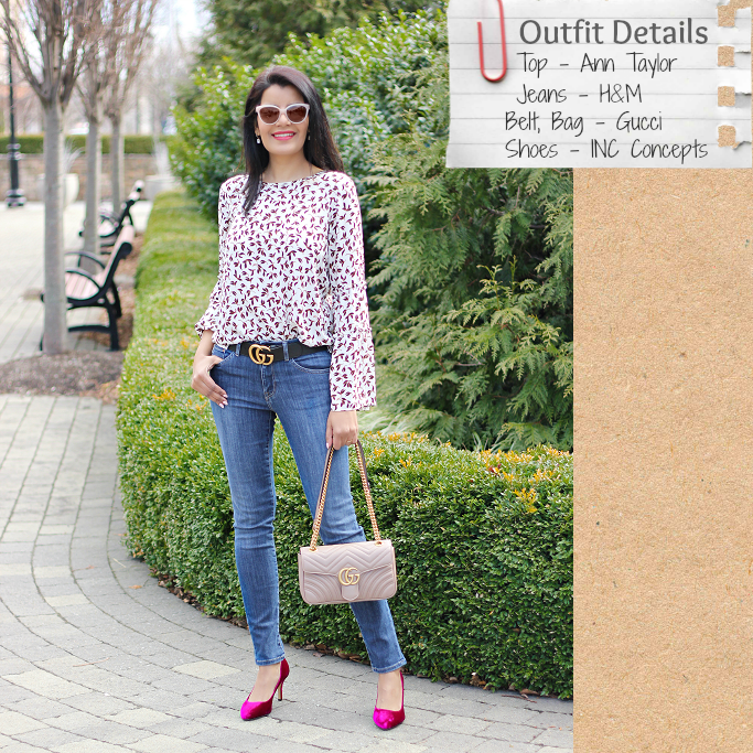 Style-Delights: Spring Outfit Idea: Bell Sleeve Blouse, Gucci Marmont Nude  Bag And Fuchsia Pumps