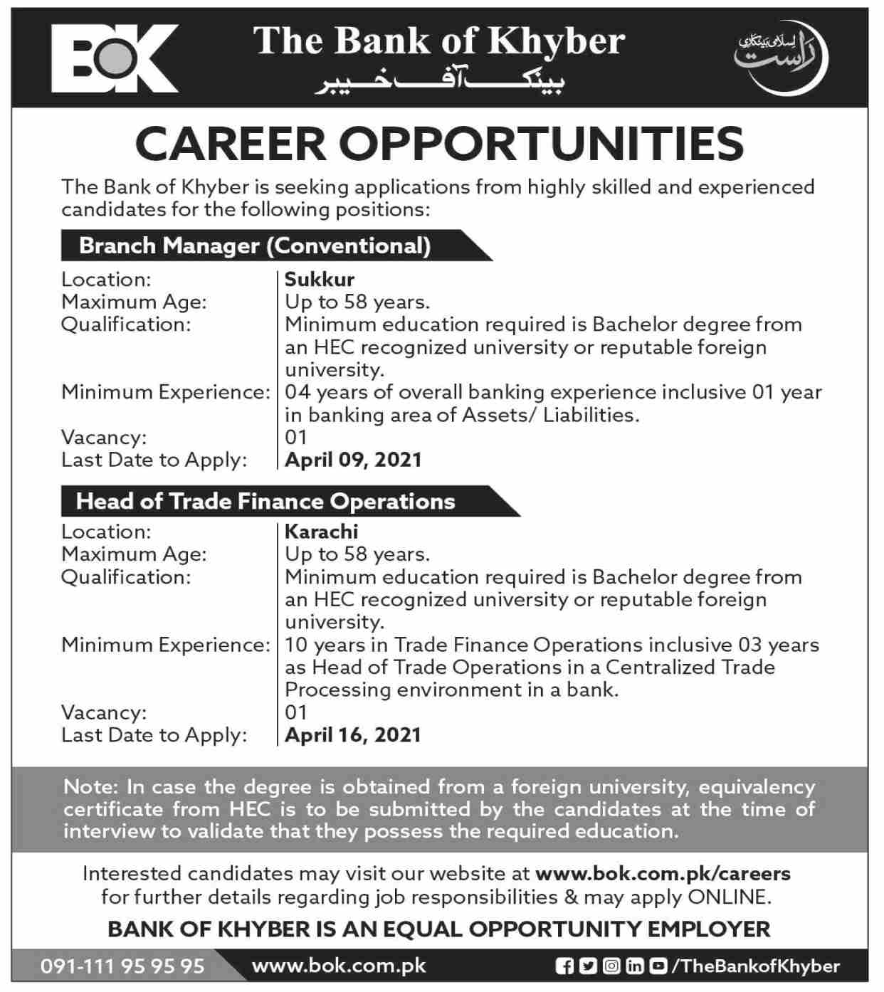 Latest Jobs 2021 in Bank of Khyber (BOK) Latest Jobs 2021 in Bank of Khyber (BOK)