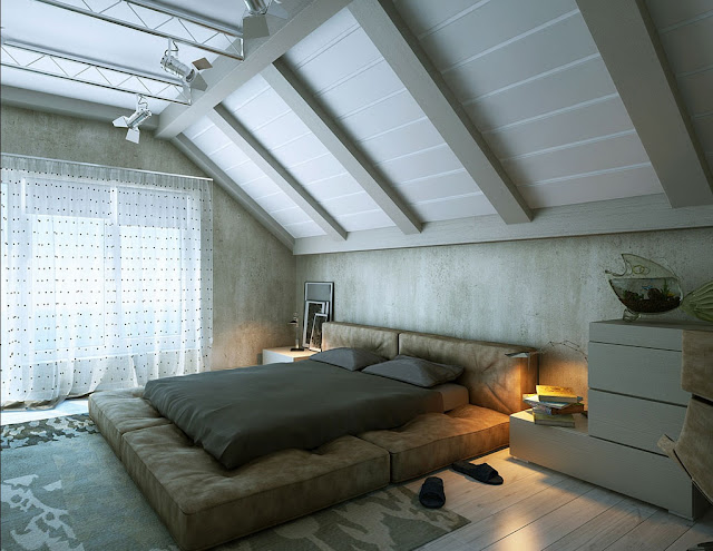 Moderne-schlafzimmer-Dachschräge-Design-mit-betonwände