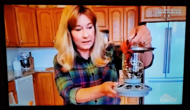 tv screen showing woman holding bird feeder