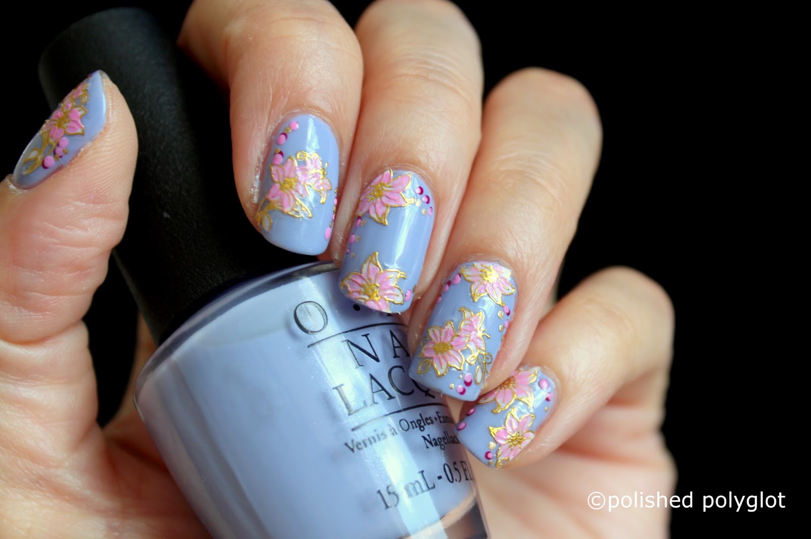Nail art │ Floral nail design in lilac, pink and gold [26GNAI